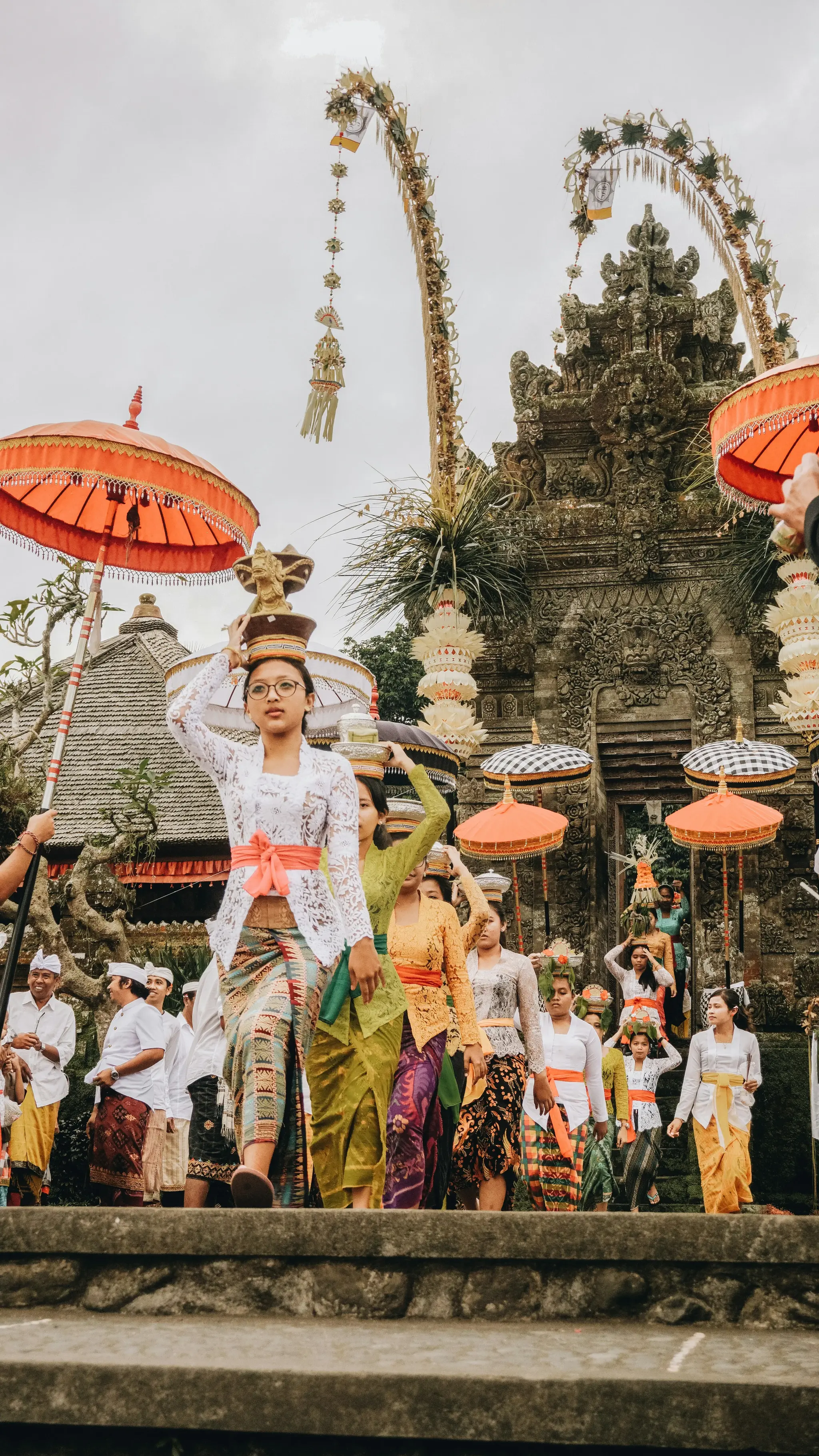 Traditional Balinese ceremony procession at temple