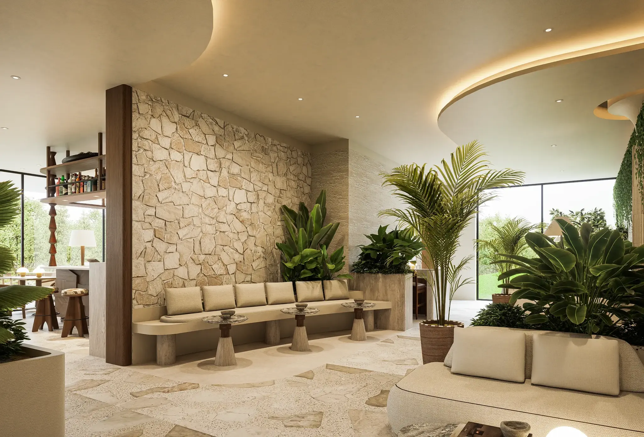 Axora Seseh — stone-walled lobby lounge, material detail